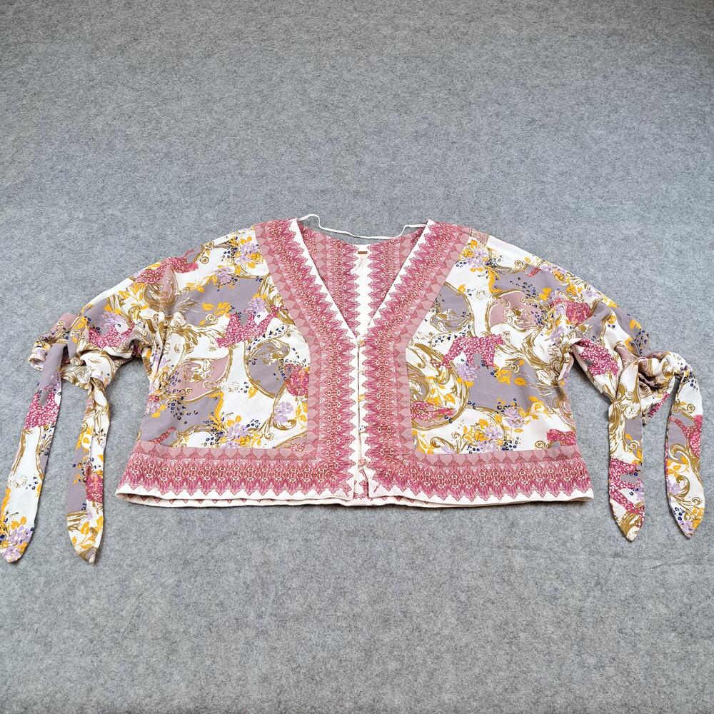 Free People Blouse Womens Small Pink Purple Crop Oversized Tie Sleeve Boho Rayon